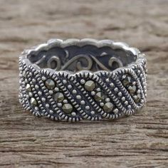 Marcasite band ring, 'High Society' - Vintage Style Marcasite and Silver Band Ring Graduation Rings, Marcasite Jewelry, The Victorian Era, Sterling Silver Heart Necklace, Marcasite Ring, Vintage Air, Silver Jewelry Fashion, High Society, Silver Band Ring