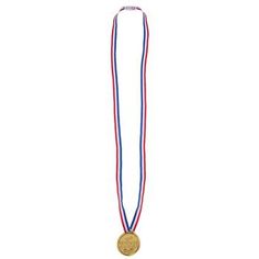 a gold medal with a red, white and blue ribbon hanging from it's side