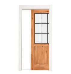 an open wooden door with glass panels