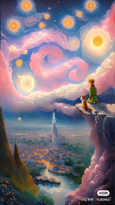 a painting of a man sitting on top of a cliff looking at the sky and stars