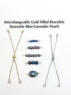 "Interchangeable Gold Filled Bolo Bracelets! I believe in jewelry that's made of quality materials, offered at a reasonable price, that can do more than one thing, and is easy to get on and off. In the Interchangeable Bolo Bracelet Collection you will get all of that plus a wide assortment to choose from. I will continue to add more styles for the center as time goes by. If you have a request, please email me. The bracelets are a gold filled box chain with a silicone bead that slides for easy on Pull Bracelet, Interchangeable Bracelet, Peacock Pearl, Interchangeable Jewelry, Bolo Bracelet, Blue Lilac, Purple Pearl, Bracelet Collection, Silicone Beads