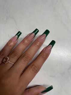 Emerald Green Nail Ideas Long, Dark Green Nails Long Coffin, Nails Acrylic Hunter Green, Emerald Green French Tips Nails, Emerald Green Medium Nails, French Emerald Green Nails, Long Square Acrylic Nails Dark Green, Dark Green French Tips Coffin, Green French Tip Acrylic Nails Square