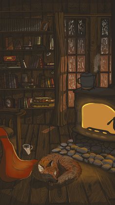 a drawing of a cat sleeping in front of an old fashioned fireplace with bookshelves