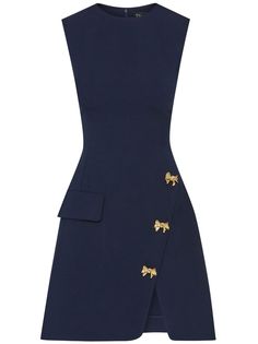 Oscar De La Renta bow-button split-skirt Dress - Farfetch Classy Navy Blue Outfit, Blue Dress Business Outfit, Ralph Lauren Evening Dress, Ralph Lauren Dresses Classy, Deep Blue Outfit, Preppy Blue Outfits, Medical Dress, Farfetch Dress, Navy Blue Outfits