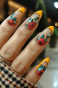 Orange Nail Designs 2024 Summer Floral Nails Designs, Nail Art Painting Design, Bridal Manicure, Nails Collection, Orange Nail Designs, Orange Nail, Nails Sparkle, Flora Design, Funky Nails