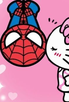 hello kitty and spider - man hanging from a string on a pink background with hearts