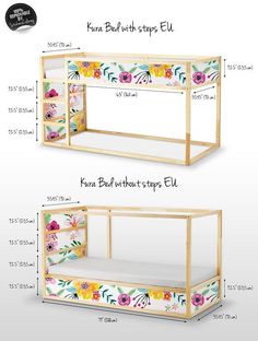 two shelves with flowers on them and measurements for each shelf