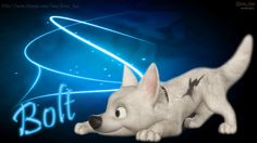 a white dog laying on top of a blue background with the word bolt above it