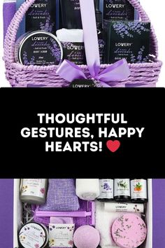 a purple basket filled with lots of different items next to a sign that says thoughtful gestures, happy hearts