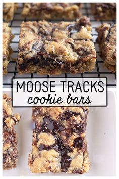 chocolate cookie bars on a cooling rack with the words moose tracks cookie bars above them