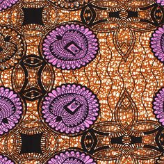 an abstract design with purple flowers on brown and black fabric, which is very intricate