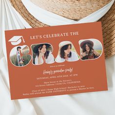 an orange graduation party card with four photos and the words, let's celebrate the graduate