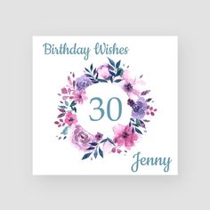 a birthday card with the number 65 and flowers on it in blue, pink and purple