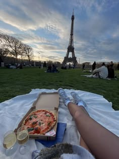 a person laying on a blanket with a pizza in front of the eiffel tower