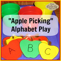 an apple picking alphabet play with cups and plates