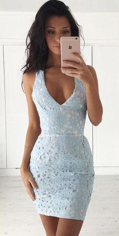 This dress is so feminine and flattering featuring floral lace crochet, scoop neck, crossed back design. More surprise at OASAP! Light Blue Homecoming Dresses, Baby Blue Lace Dress, 40 Fashion, Blue Homecoming Dresses, Short Bodycon Dress, Prom Dresses Sleeveless, Lace Homecoming Dresses, فستان سهرة, Lace Blue Dress