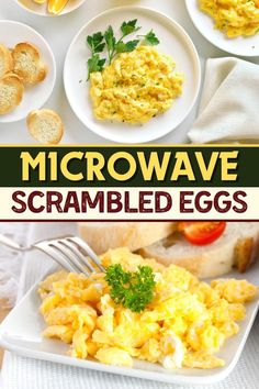 microwave scrambled eggs on white plates with bread and parsley