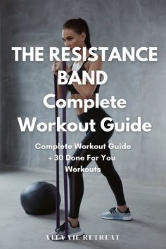 the resistance band complete workout guide for women and men with an image of a woman holding a