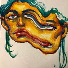 a drawing of a woman's face with green hair and eyes closed, painted in watercolor on white paper