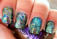 Wow. Apparently you do this by dragging a needle through nail polish. It looks like the inside of an abelone shell. Peacock Nail Designs, Designs For Nails, Peacock Nail Art, Bohemian Nails, Do It Yourself Nails, Peacock Nails, Nails Painted, Marble Nail Designs, I Love Nails