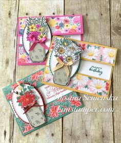 three cards with flowers and sandals on them, one is for someone's birthday