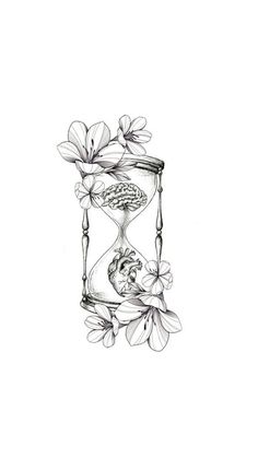 a drawing of an hourglass with flowers on the side and a skull in the middle