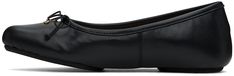 Buffed leather ballerina flats in black. · Modified square toe · Logo hardware and bow accent at vamp · Buffed leather and suede lining · Leather and rubber sole Supplier color: Black Modern Black Leather Ballet Flats, Black Leather-lined Ballet Flats For Work, Elegant Black Leather Ballet Flats, Classic Black Square Toe Ballet Flats, Elegant Black Ballet Flats With Leather Lining, Ballerina Flats, Vivienne Westwood, Leather, Black