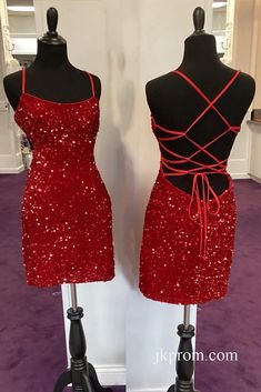 Stunning-Pink-Sequin-Bodycon-Mini-Party-Dress-with-Lace-Up-Back Red Sparkle Dress Hoco, Red Glitter Dress Short, Red Homecoming Dresses Tight, Gala Dresses Short, Dress Back Open, Fitted Homecoming Dress, Valentine Dance, Red Hoco Dresses, Short Sparkly Dresses