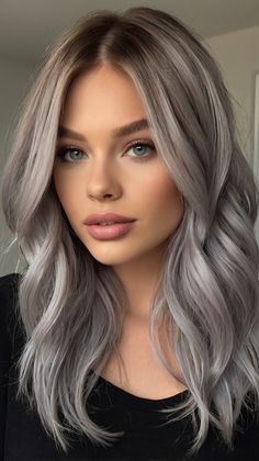 january hair color ideas Ashy Blonde Hair Dark Roots, Medium Brown Hair With Silver Highlights, Hair Color Brown With Highlights, January Hair Color Ideas, Brown With Highlights, Ashy Blonde Hair, Charcoal Hair, Grey Ombre Hair, Ashy Blonde