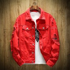 Season:Autumn,Fall; Fabric:Denim,Jeans; Sleeve Length:Long Sleeve; Gender:Men's; Style:Chic  Modern; Occasion:Daily,Casual; Outerwear Length:Regular; Function:Windproof; Pattern:Solid Color; Design:Ripped,Fashion; Outerwear Type:Denim Jacket,Sport Coat; Listing Date:11/10/2020; Bust:null; Length:null; Shoulder Width:null; Sleeve:null Mens Pink Jeans, Red Jean Jacket, Ripped Jacket, Fitted Jean Jacket, Cowboy Jacket, Coats Men, Fitted Denim Jacket, Jean Jacket Men, Trendy Mens Fashion