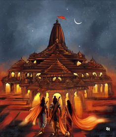 three people walking towards a temple with the moon in the background