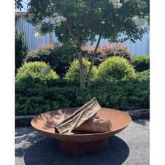 a large metal bowl sitting on top of a gravel ground next to a tree and bushes