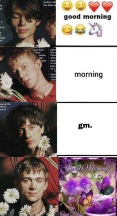 some pictures with flowers and the words good morning 6m on them in different languages