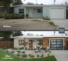 before and after photos of a house with wood siding, front porch, and garage