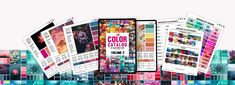 an assortment of color swatches are shown in this graphic design workbook, which is designed to look like colorful tiles