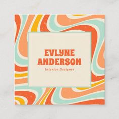 an orange and blue business card with the words, evelyne anderson interior designer on it