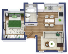 A blue and wooded 3D floor plan with one green bedroom, and an open concept. 400 Sq Ft House, House Big, Free House Plans, Tiny House Plan, Best Tiny House, Adobe House