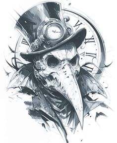 a drawing of a skull wearing a top hat with a clock on it's face