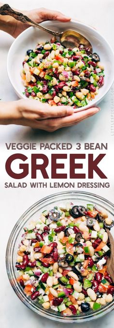 the recipe for greek salad with lemon dressing is shown in two separate dishes, one on top of the other