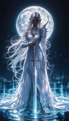 Sky Goddess Art, Dnd Eilistraee, Water Warrior Female, Elven Warrior Female, Dnd Celestial, Fantasy Gods Art, Female Drow, Moon Warrior, Moon Elf