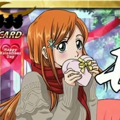 an anime character with long red hair eating food from a paper plate in front of her