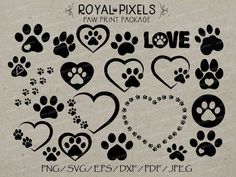 dog paw prints and hearts with the word love