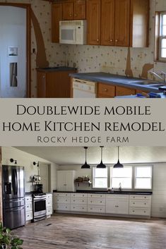 a kitchen with wooden floors and white cabinets