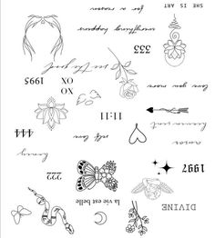 some tattoos that are on the back of a sheet of paper with words and symbols