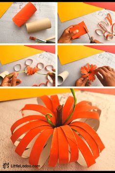 paper pumpkins are being made with scissors and tape