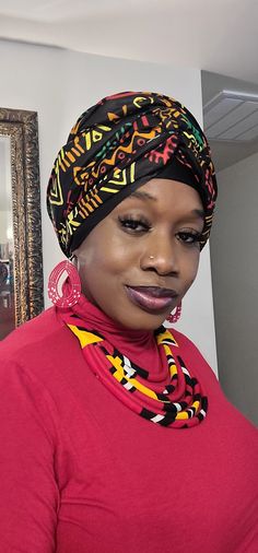 "You are viewing our latest collection of African Print Ankara  fabric Head Wrap.  Colors include  a black, red, yellow, and green. They are one size, Wrap measures Approximately 21\" wide and 72\" long. This headwrap is handmade so variations may differ from picture. We have a variety of colors and Styles for you to choose from.  Please visit our shop for a broader selection.  Thank you for shopping with us!" Adjustable Traditional Black Headwrap, Wrap Fabric, Ankara Fabric, Yellow And Green, Head Wrap, Hair Accessories Headbands, Head Wraps, African Print, Red Yellow