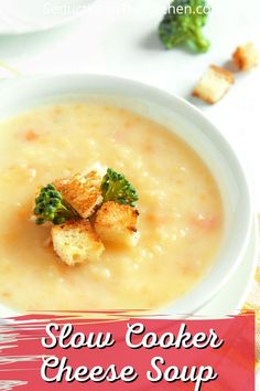 a bowl of soup with croutons and broccoli