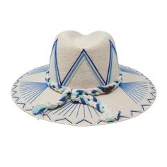 White Palm Straw Hat with Blue Fan Design by Corazon Playero. Custom designed and hand made hats by artisans in San Jose Del Cabo, Mexico. These hats are one size fits most with an elastic band inside to add comfort and fit for all head sizes. Each hat has a 3-4 week turnaround. Please note, all hats come with natural braid unless custom braid is purchased. Artisan Beach Hats One Size, Blue Flat Brim Sun Hat For Festival, Artisan Beach Hat, Blue Wide Brim Adjustable Fedora, Blue Fedora One Size Fits Most For Summer, Adjustable Blue Fedora Straw Hat, Blue Fedora Straw Hat For Festival, Bohemian Blue Sun Hat With Curved Brim, Blue Flat Brim Hat Bands For Vacation