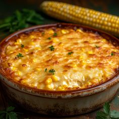 a casserole dish with corn on the cob