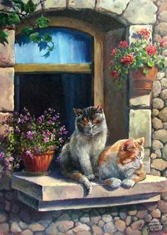 two cats sitting on a window sill with potted flowers in front of them